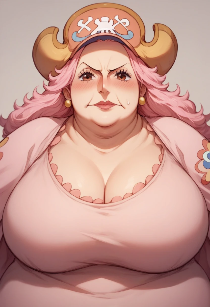 (ANIME ART STYLE) big mom (ONE PIECE), with long pink hair, fat, brown eyes, wearing hat, big mom clothes , blush face,