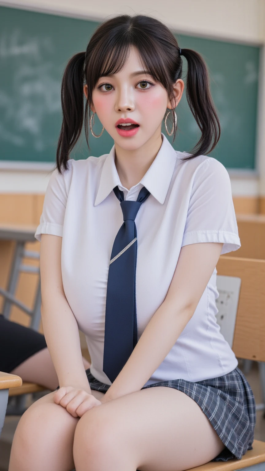 (masterpiece, top quality: 1.2), Alone,3D Render, 3D Model, of a beautiful skinny girl, short hair, wearing school uniform, with pleated skirt, mouth open,moaning, tongue saliva,crossed legs,knee up,(classroom), (Beautiful and vibrant background), ((((Huge_chest)))), (A fitted white short-sleeved collared shirt:1.2), (Checkered Pleated Skirt), (tie), (Beautiful black eyes down to the last detail), (Sit at a desk), (Attractive thighs:1.5), (Full Body Shot:1.2), Big eyes, (Heart shaped eyes), (1 girl), (Beautiful Face), Perfect Face, (High nose), Laugh a little, Embarrassing, Highest quality, High resolution, (Beautiful mature girl), (original), (masterpiece), (Very nice and beautiful), (Perfect detail), (Unity CG 8K Wallpaper), crossed legs, knee_up, skindentation, oiled skin,glossy skin, (Portraiture:1.2), (ponytail) ,public_indecency, public, window light with deep shadows, big boobs, huge boobs , smart nose,front above view,focus cleavage , Beautiful Lighting ,shy expression, shy face,smile around the mouth ,Smiles cheeky,Paparazzi,photoshoot pose,sexy pose, wide hips and small waist, flux, round ass, stylized body, giant ass,She has a round ass.
