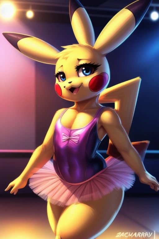 by zackary911, zackary911, (((Pikachu, anthro, extremely detailed, extremely detailed legs, extremely detailed arms, extremely detailed face, perfectly detailed eyes, ultra-detailed hands, perfectly detailed anatomy, well shaped body, female)): solo, curved thighs, long jagged tail, carmesi eyes, day, blushed, looking to the viewer with a loving expression, detailed background, dance studio background, front lateral view, medium breasts, ballet singlet, tutu