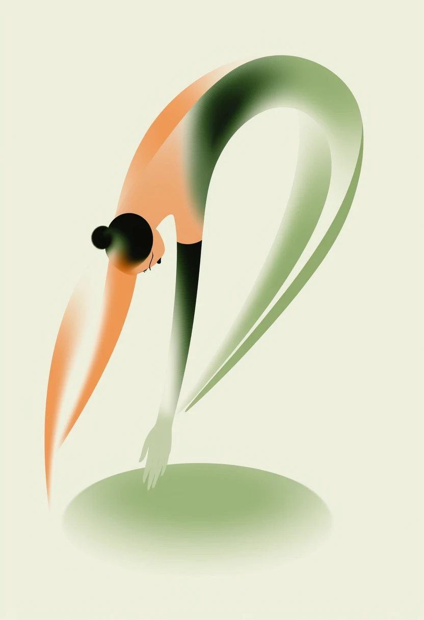 CEA, An abstract and elegant artwork depicting a stylized woman leaning forward gracefully. The figure features elongated,flowing arms resembling water currents,surrounded by soft,curving shapes. The color palette blends pale green,warm orange,and black,evoking a sense of lightness and movement. The composition is minimalist with smooth gradients and organic lines,capturing a modern and artistic representation of fluidity and grace,