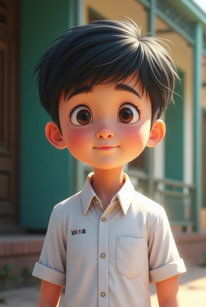 Estilo pixar, menino pequeno 4 anos cabelo preto dividido no meio olhos puxados nariz largo boca pequena nome Miguel