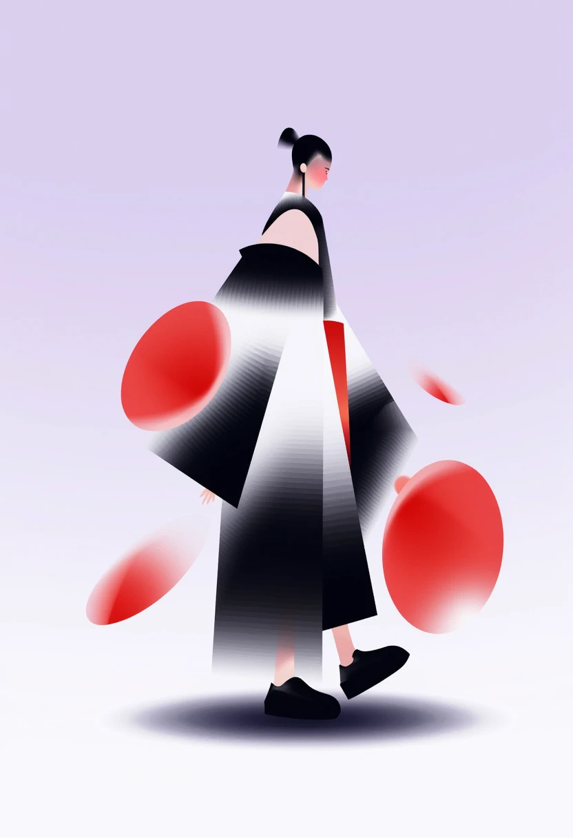 CEA, An abstract and minimalist artwork featuring a stylized character in traditional attire. The figure is turned away with a side profile,exuding an elegant and mysterious aura. The clothing is designed with bold black,white,and red elements,including two prominent red circular accents. The background is a soft gradient of light purple,enhancing the sophistication of the composition. The overall design incorporates smooth curves,subtle gradients,and a modern artistic interpretation of tradition,

