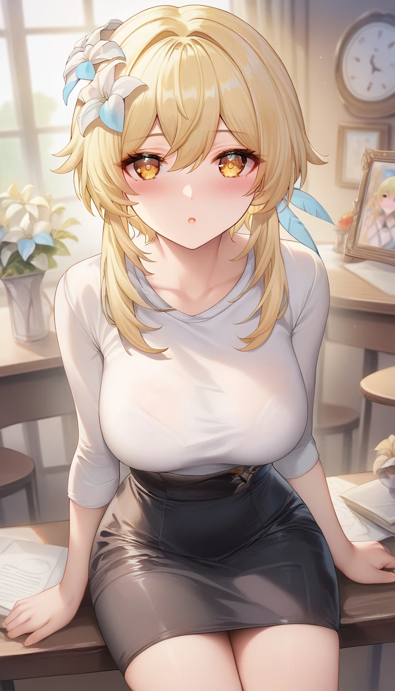 ultra-detailed,(best quality),((masterpiece)),(highres),original,extremely, 1girl, lumine (genshin impact), yellow eyes, yellow hair, large breasts, looking at viewer, younger lady, blush, in heat, looking at viewer, blush, long hair,white shirt, black skirt ,female room, sitting on the chair,