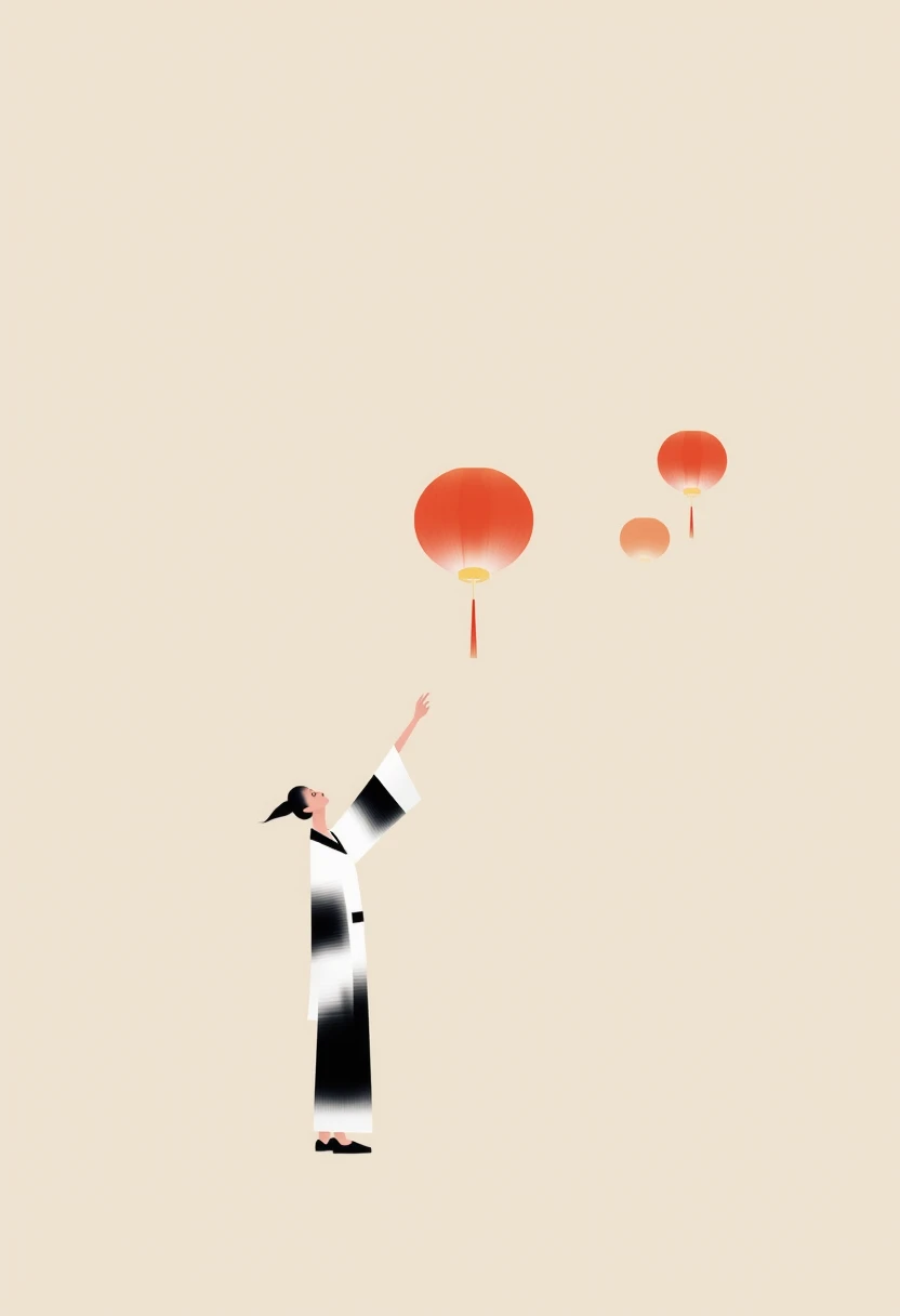 CEA, A minimalist artwork featuring a figure in traditional black and white attire, elegantly reaching out towards a giant glowing red lantern. The lantern emits a soft, warm light, symbolizing Eastern cultural traditions. The background is a muted beige, enhancing the contrast of the vibrant red and the figure's understated clothing. The composition emphasizes elegance, simplicity, and a connection to heritage.