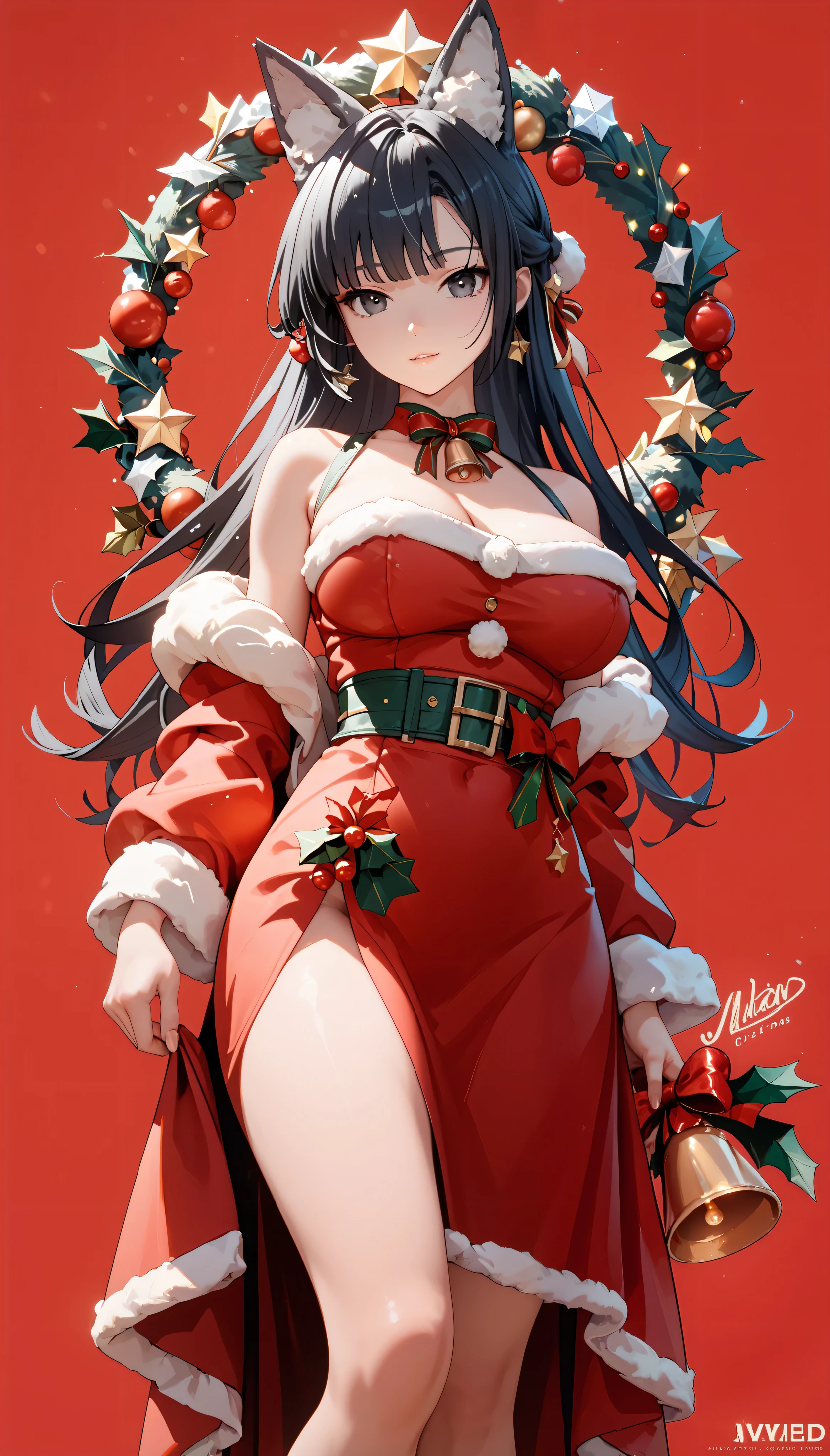 masterpiece, high-resolution ,Anime Art,Anime Numbers, 4k anime wallpaper,Soft Light, radiant skin, unique ,An anime girl,Standing,Red Christmas dress , long black hair, Wolf Ears , black eyes,Big breasts,thigh, solid color background