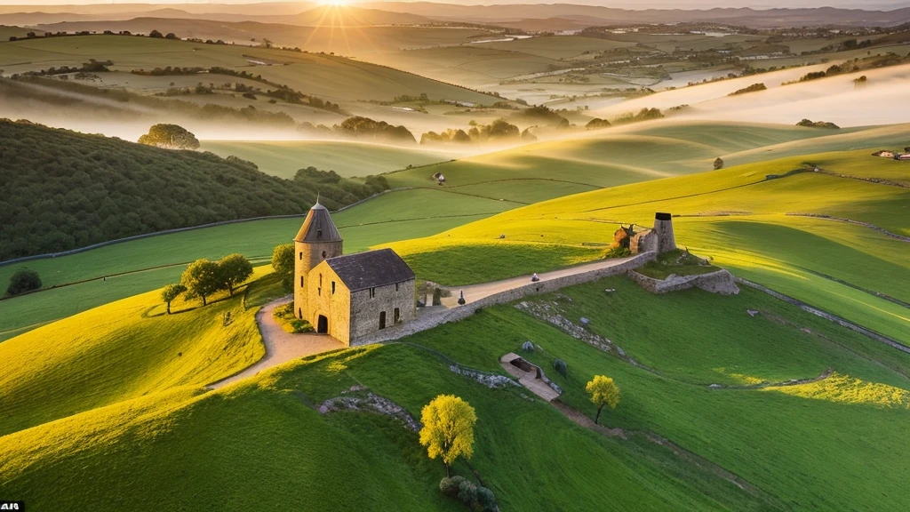 A drone captures an old stone windmill atop a gently sloping hill, surrounded by vibrant green meadows dotted with wildflowers. The scene is bathed in the soft golden light of sunrise, with long shadows stretching across the land and wisps of morning mist lingering in the valleys below.