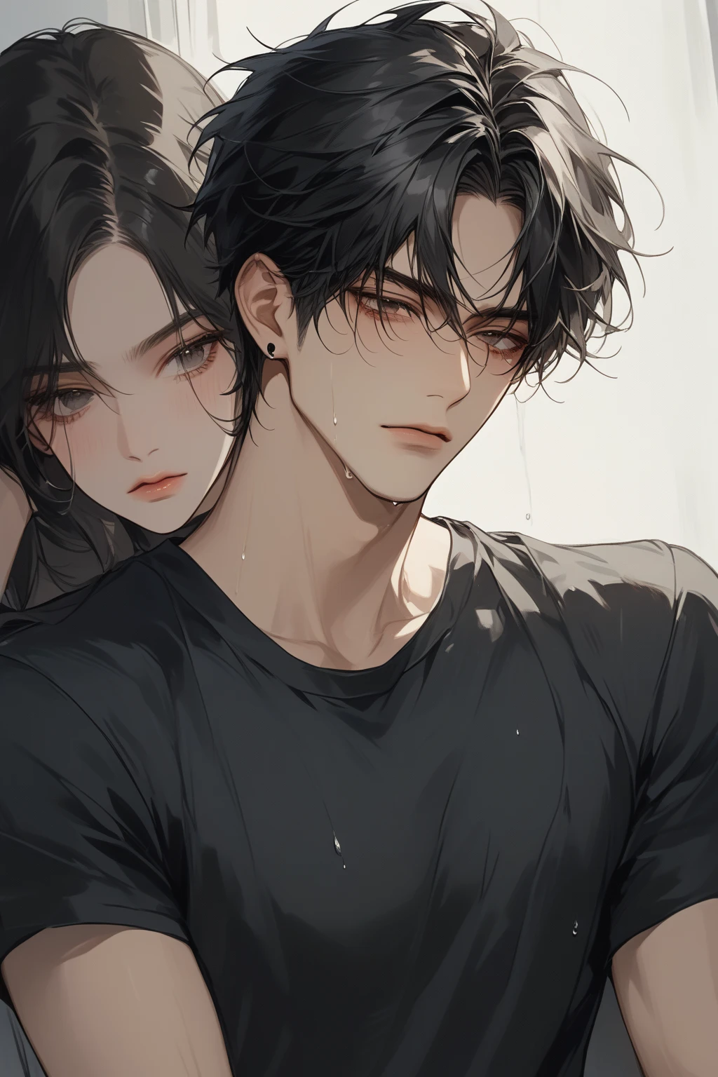 (score_9, score_8_up), medium hair, masterpiece, best quality, 1 man , black hair , perfect face , black eye , handsome male , Alone, adult male , delicate line drawingimpasto, masterpiece, high resolution, Top quality, unique , 1 male , nice , tanned skin , black haired, black t-shirts, a dirty person, tears