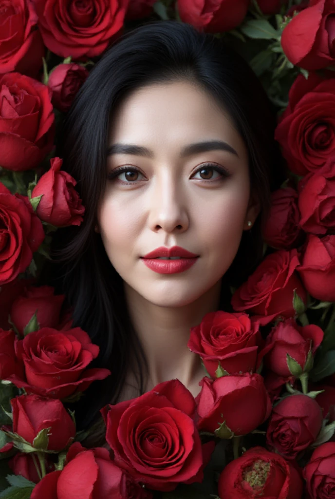 A close-up, dramatic image of a Japanese mature woman, 48 years old, embodying the essence of a rose witch. Her face is framed by countless roses swirling chaotically around her, creating a mesmerizing and surreal effect. The roses, in rich shades of red and crimson, seem to fly and spin in a dynamic motion, surrounding her with a vibrant, magical energy. Her expression is powerful and mysterious, with captivating eyes and a subtle, enigmatic smile. Her wavy hair flows gracefully, blending seamlessly with the whirlwind of petals. The scene features ultra-high detail, sharp focus, and realistic textures, illuminated with dramatic, moody lighting that enhances the intensity and depth of the roses and her striking features.smile