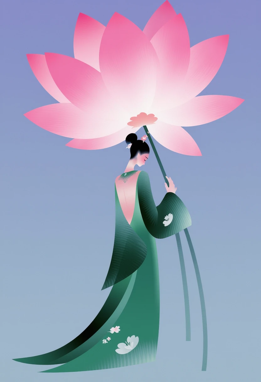 CEA, A dreamy and elegant digital illustration featuring a graceful woman in a flowing green and purple dress inspired by lotus leaves. She stands with a serene expression, slightly tilting her head. The background showcases a giant blooming pink and purple lotus flower, softly glowing and adding an ethereal ambiance. The scene evokes purity, femininity, and traditional Eastern aesthetics