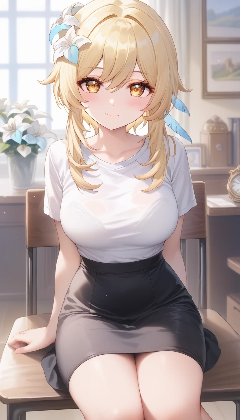 ultra-detailed,(best quality),((masterpiece)),(highres),original,extremely, 1girl, lumine (genshin impact), yellow eyes, yellow hair, large breasts, looking at viewer, happy,smile, closed mouth, blush, in heat, younger lady, blush, in heat, looking at viewer, long hair,white shirt, black skirt ,female room, sitting on the chair,