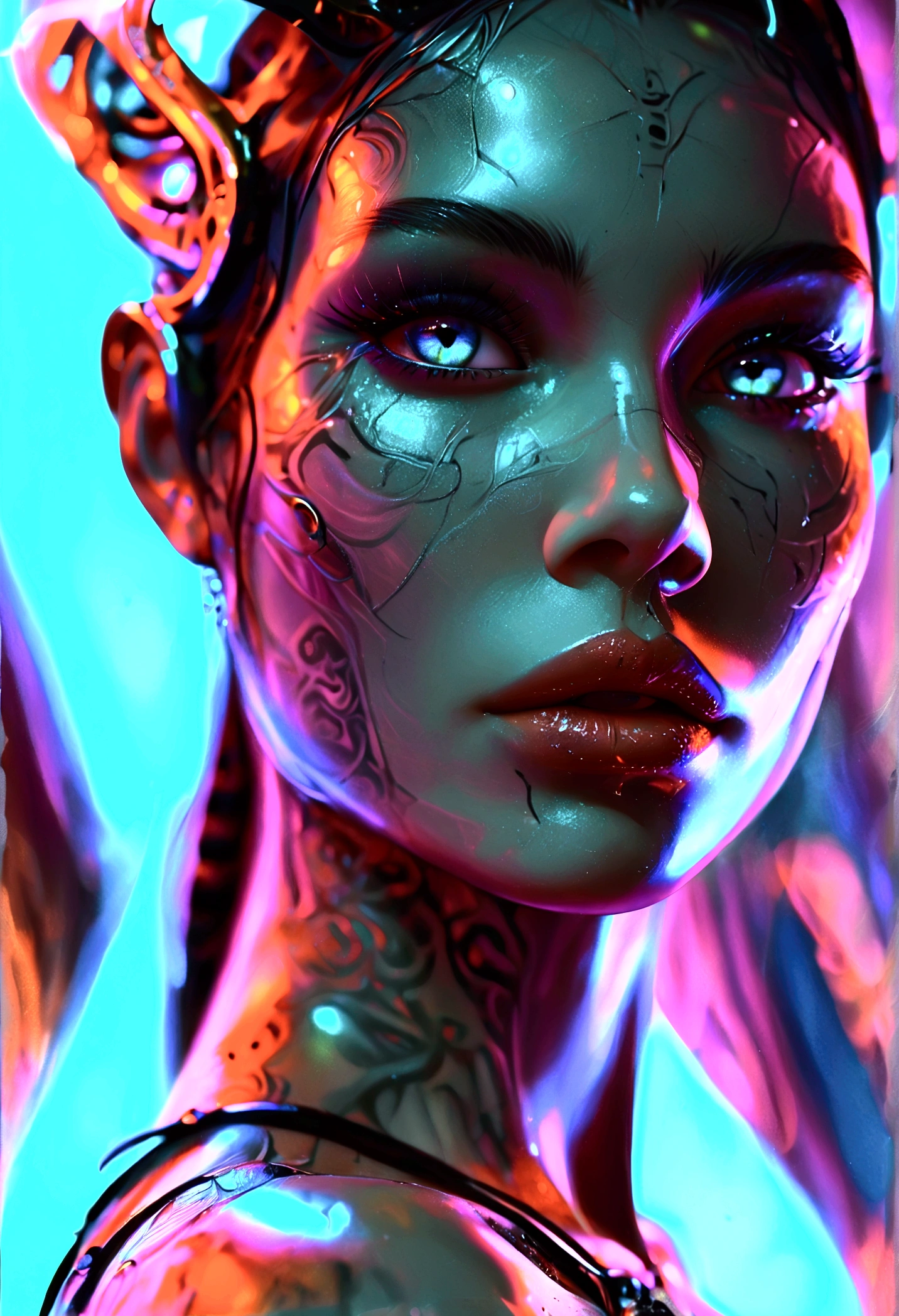 Stunningly gorgeous beautiful perfect hr giger tattooed sexy seductive demonic girl, perfect face, hyper detailed neon sapphire eyes, large breasts, full body view, nude