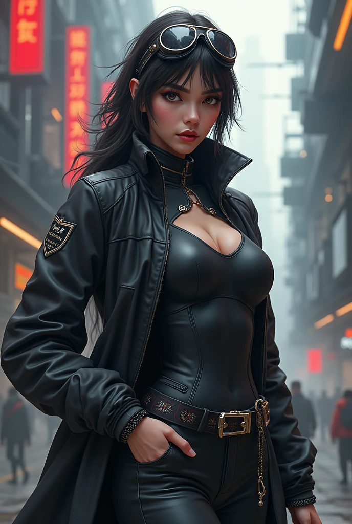 ((4K,巨作,Best quality)), shuimobysim,There are a lot of people walking down the street, futuristic dieselpunk street, alexey egorov, wojtek fus, sergey zabelin, photograph of a techwear woman, cyberpunk high fashion, Liu Yifei,fashionable futuristic woman, dystopian scifi outfit, cyberpunkoutfit, tight navy-blue leather outfit, cgsociety 9
