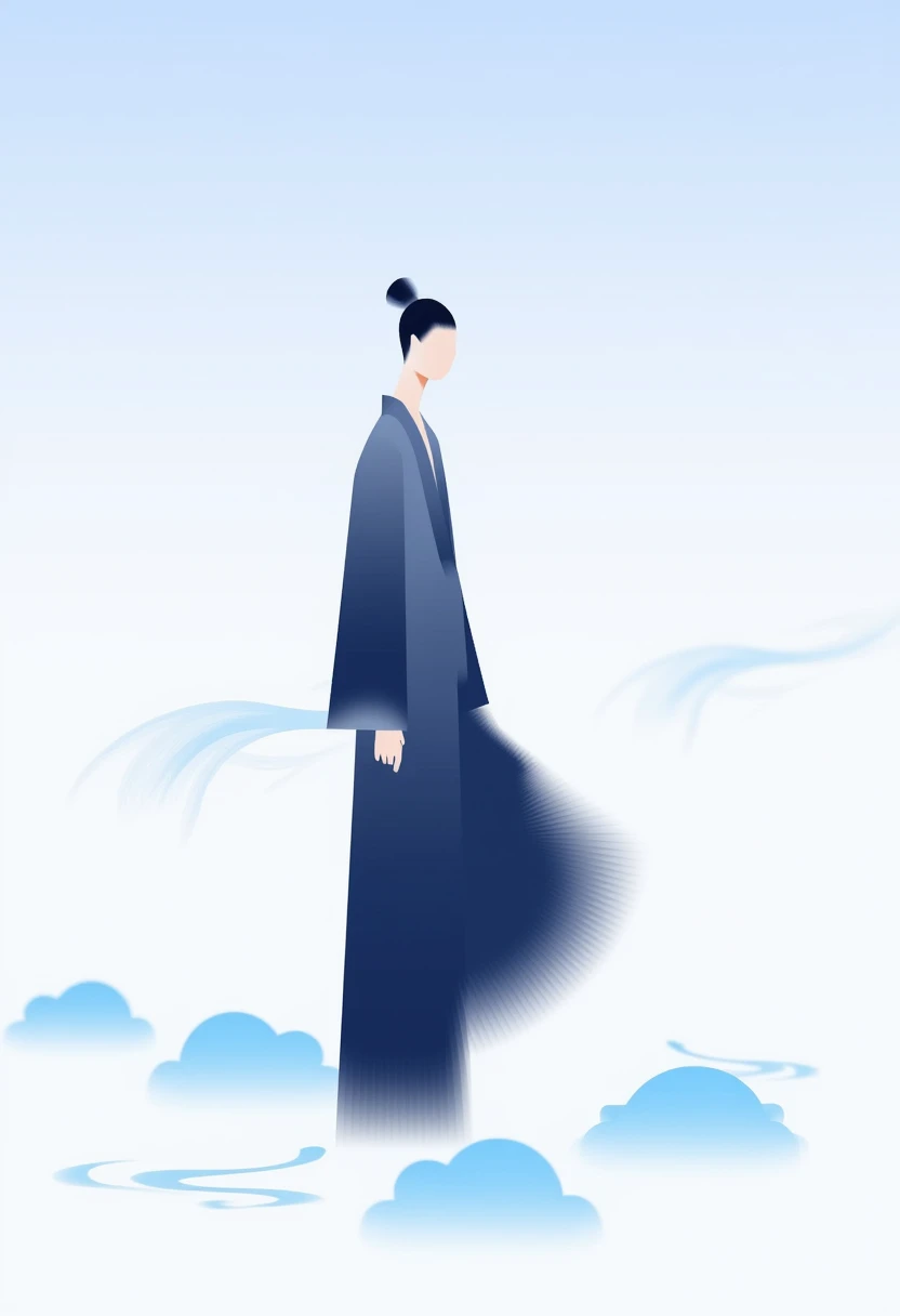 CEA, A minimalist digital artwork featuring a contemplative figure with a simplified face, dressed in flowing dark blue attire that blends into the abstract background. The scene includes soft, swirling lines resembling wind or waves, accompanied by round blue cloud-like elements. The gradient sky transitions from pale blue at the top to white at the bottom, creating a serene and ethereal atmosphere. The overall composition emphasizes simplicity, elegance, and a dreamlike quality