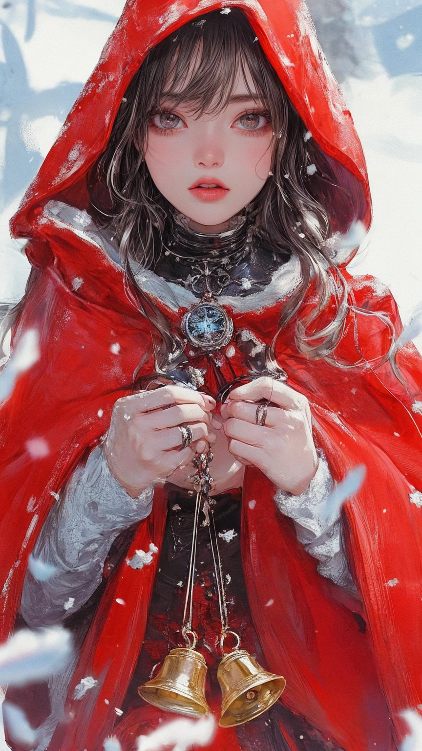 (best quality, elaborate details:1.2), a person wearing a red cloak and holding a couple of bells, snowy, photorealistic illustration, anime style