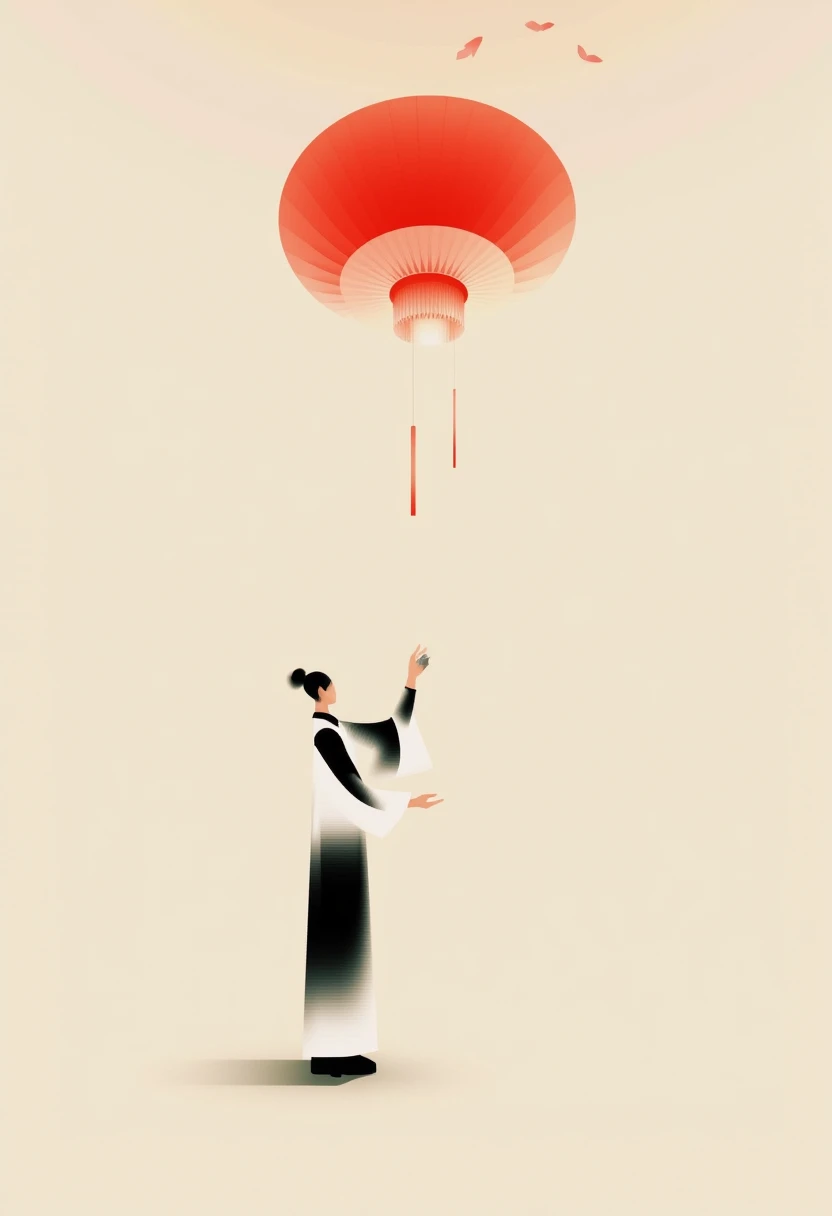 CEA, A minimalist artwork featuring a figure in traditional black and white attire, elegantly reaching out towards a giant glowing red lantern. The lantern emits a soft, warm light, symbolizing Eastern cultural traditions. The background is a muted beige, enhancing the contrast of the vibrant red and the figure's understated clothing. The composition emphasizes elegance, simplicity, and a connection to heritage.