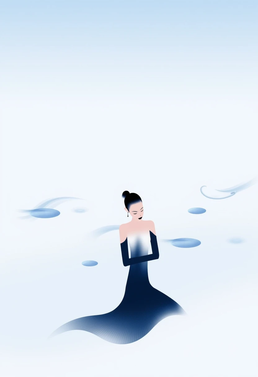 CEA, A minimalist digital artwork featuring a contemplative figure with a simplified face, dressed in flowing dark blue attire that blends into the abstract background. The scene includes soft, swirling lines resembling wind or waves, accompanied by round blue cloud-like elements. The gradient sky transitions from pale blue at the top to white at the bottom, creating a serene and ethereal atmosphere. The overall composition emphasizes simplicity, elegance, and a dreamlike quality