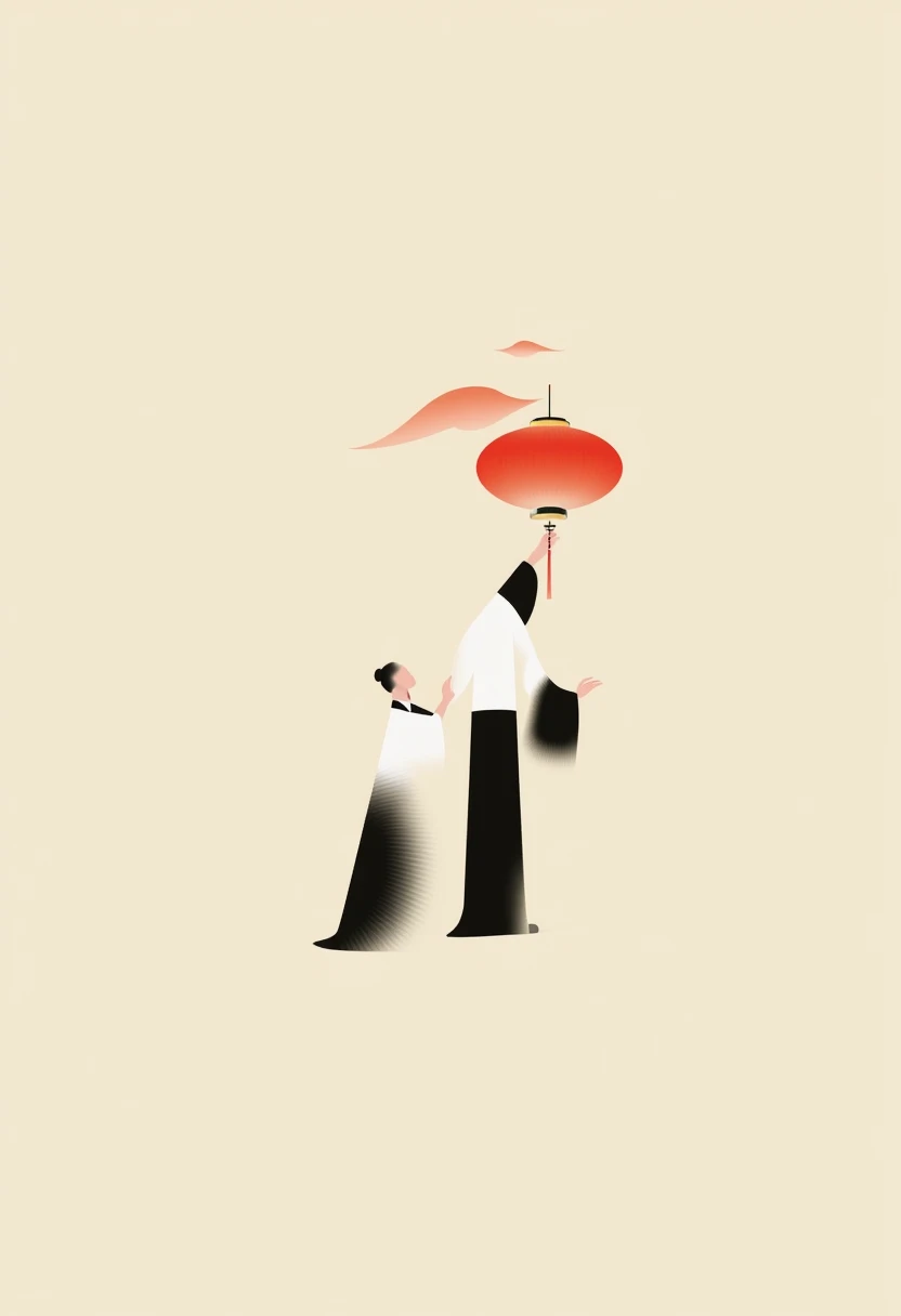 CEA, A minimalist artwork featuring a figure in traditional black and white attire, elegantly reaching out towards a giant glowing red lantern. The lantern emits a soft, warm light, symbolizing Eastern cultural traditions. The background is a muted beige, enhancing the contrast of the vibrant red and the figure's understated clothing. The composition emphasizes elegance, simplicity, and a connection to heritage.