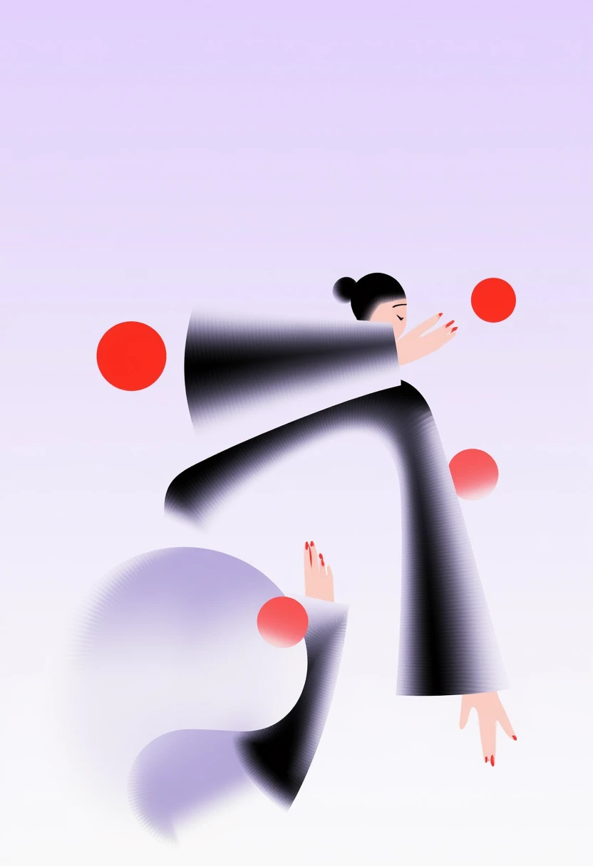 CEA, An abstract and minimalist artwork featuring a stylized character in traditional attire. The figure is turned away with a side profile,exuding an elegant and mysterious aura. The clothing is designed with bold black,white,and red elements,including two prominent red circular accents. The background is a soft gradient of light purple,enhancing the sophistication of the composition. The overall design incorporates smooth curves,subtle gradients,and a modern artistic interpretation of tradition,

