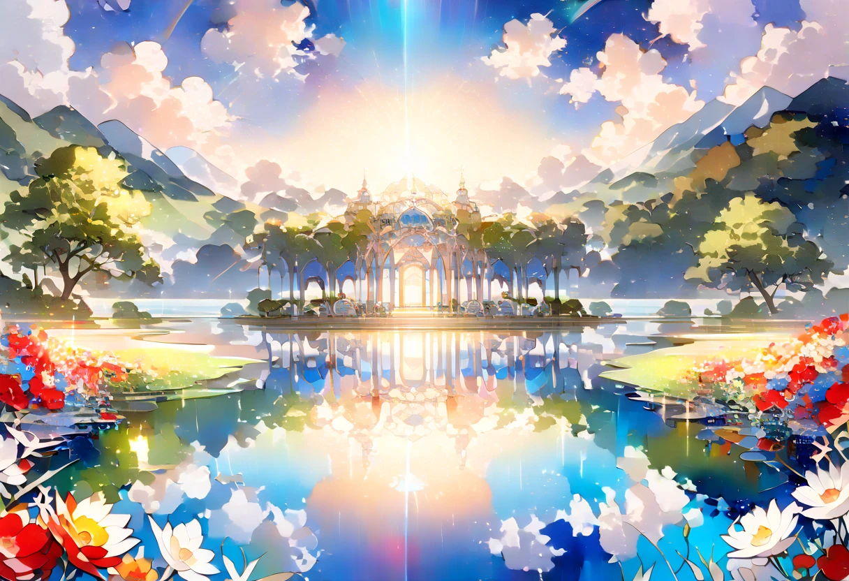 (((An elaborate watercolor painting depicting a beautiful kaleidoscopic landscape reflecting paradise))),(((Unconditional Love))),(( top quality ,masterpiece:1.5)),(( sacred)),((Dazzling light)),( Large Coloured Photons :1.5),( pearl white ),(Perfect Anatomy),( Ultra High Quality ),( detailed background),(Artwork),(Great harmony ),(The 々 creatures you depict are beautiful),Desaturated:1.1, Rich Color Palette ,Beautiful and fantastic lighting, anime style,truth,joy,thank you,comfortable,fair,Elegance,Polite , true strength , full of vitality ,altruism,Beautiful,clean, soft,Here and now , Forget Time ,Unadorned ,fun,continuation