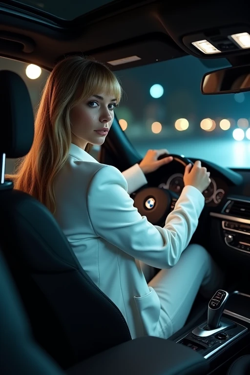 Beautiful woman with long straight black and blonde hair, she is wearing a white blouse like the tie(black) com luvas grandes blacks short curto ela está usando antena de abelha e dentro carro futurista ela está usando anéis nos dedos de luxo (Silver rings) She is holding the car's steering wheel
Background: black with a blue moon