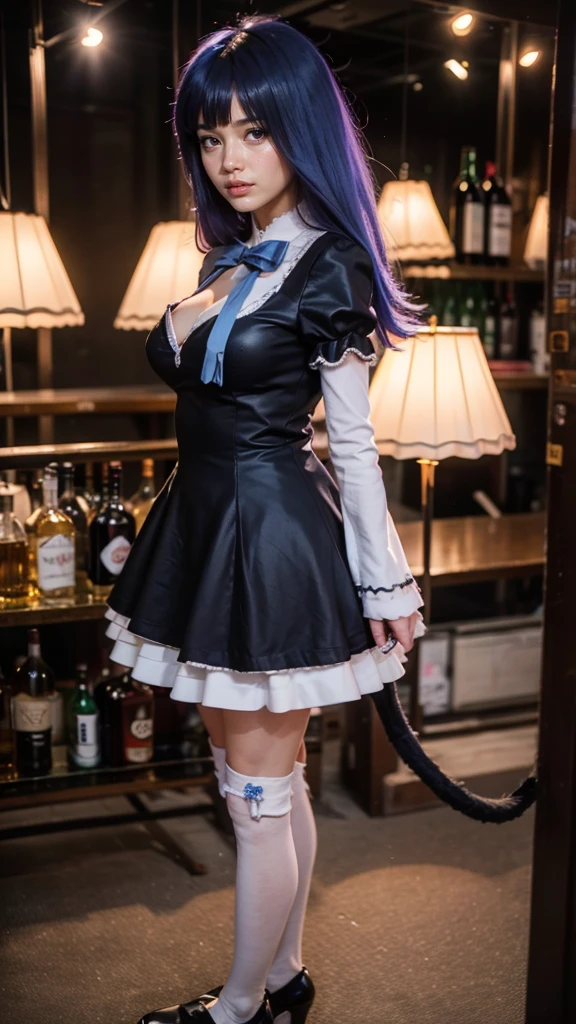 (1 lady), (Best quality at best:1.4), (ultra - detailed), (extremely detailed CG unified 16k), A Beautiful Woman with Perfect Figure: 1.4, Sharp Focus: 1.2, purple hair, very detailed, High-definition RAW color photo, professional photoshooting, amazing face and eyes, cosmetics, (amazingly beautiful girl), ((frederica bernkastel)), ((dress, bowtie, mary janes, socks, cat tail, tail bow, tail ornament)), standing, sexyposture，(Dark and stylish bar, drinks, lamp lights, lamp lights:1.3), (look from down), realistic cinematic face, head to feet long wide zoomed out view, full body long view, photorealistic, ((realistic natural purple hair style, purple eyes)), ((glasses with liquor floating around her)), gorgeous, extremely beautiful face, perfect model beauty, pout mouth, Highly Detailed Face and Skin Texture, Detailed Eyes, Double Eyelids, Big Breasts, Smile, flirting smile, cleavages, western, (masterpiece), best quality, high resolution, extremely detailed, blurred background, depth of field, cinematic lighting, amazing legs, high heels, clear and well-cared skin, (((focus on the girl instead of background, girl occupies most of the picture)))