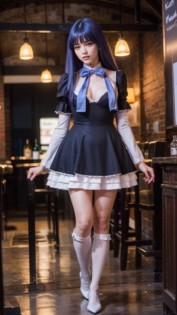 (1 lady), (Best quality at best:1.4), (ultra - detailed), (extremely detailed CG unified 16k), A Beautiful Woman with Perfect Figure: 1.4, Sharp Focus: 1.2, purple hair, very detailed, High-definition RAW color photo, professional photoshooting, amazing face and eyes, cosmetics, (amazingly beautiful girl), ((frederica bernkastel)), ((dress, bowtie, mary janes, socks, cat tail, tail bow, tail ornament)), standing, sexyposture，(Dark and stylish bar, drinks, lamp lights, lamp lights:1.3), (look from down), realistic cinematic face, head to feet long wide zoomed out view, full body long view, photorealistic, ((realistic natural purple hair style, purple eyes)), ((glasses with liquor floating around her)), gorgeous, extremely beautiful face, perfect model beauty, pout mouth, Highly Detailed Face and Skin Texture, Detailed Eyes, Double Eyelids, ???????????, Smile, ???????? smile, cleavages, western, (masterpiece), best quality, high resolution, extremely detailed, blurred background, depth of field, cinematic lighting, amazing legs, high heels, clear and well-cared skin, (((focus on the girl instead of background, girl occupies most of the picture))), ???????????, nice ???