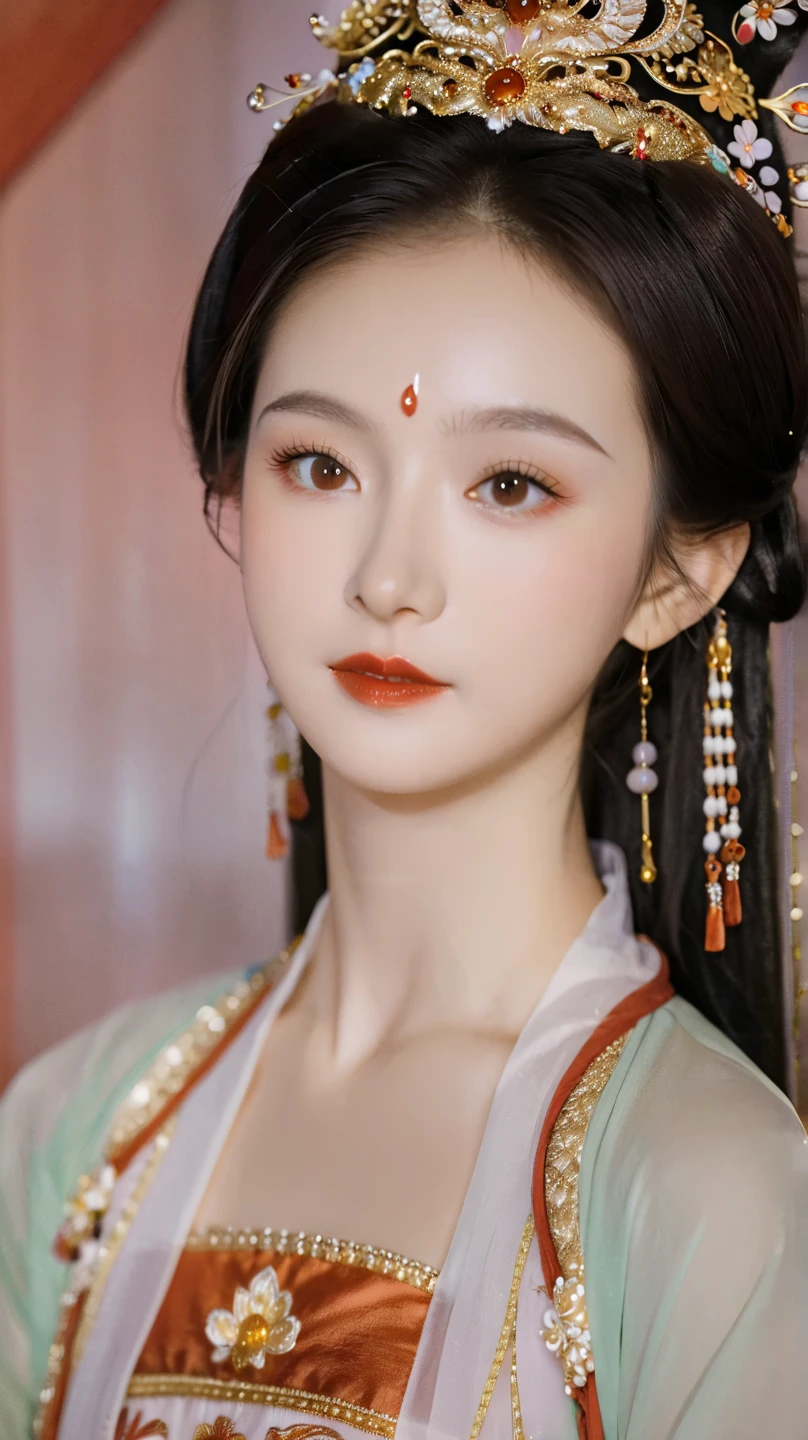 Close-up of a woman wearing a headdress and dress, Chinese Princess, 一个美丽的奇幻女皇, traditional beauty, Ancient Chinese Princess, ((一个美丽的奇幻女皇)), Chinese,  ancient Chinese beauty , Traditional Chinese, palace ，  girl in Hanfu, beautiful rendering of the Tang dynasty, Inspired by Du Qiong, Xianxia, Closeup of Nguyen's beautiful !