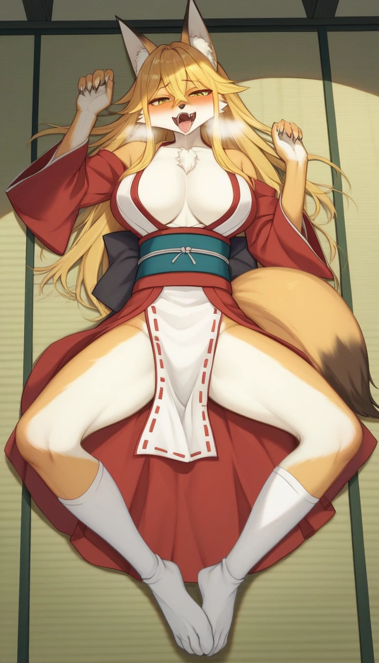 Amaduyu Tatsuki style,8k、  high image quality、masterpiece、 top quality 、  beautiful woman 、  furry 、Almost a fox、Shrine maiden、Big Breasts、   yellow hair 、  long hair、 detailed face   、 beauty、  A long fox nose、Perfect figure 、 Chest  、 mekoji、Fox ears、Fox&#39;s Tail、 yellow and black hairs grow all over the body、Full body covered in fur 、 赤と白のShrine maidenの服、Shrine maidenの髪飾り、 red and white knee-high socks 、loincloth、The background is tatami mats、Shrine wall in the background 、The background is night、 lying on your back to stare、Spread your legs、Raise your knees、The pubic mound is visible、 sexy、outcrop、Looking Straight at Subjectivity 、blush、tears、 moist eyes、 puzzled expression 、 open her mouth 、 sticks out his tongue 、Heavy breathing、Canine teeth visible、Fox claws、 saliva on clothes、throw、 furry :1.5