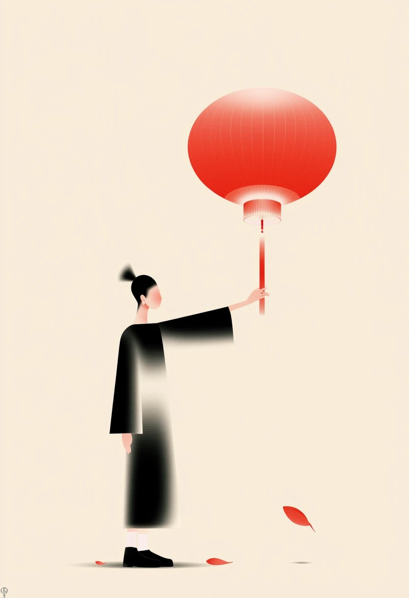 CEA, A minimalist artwork featuring a figure in traditional black and white attire, elegantly reaching out towards a giant glowing red lantern. The lantern emits a soft, warm light, symbolizing Eastern cultural traditions. The background is a muted beige, enhancing the contrast of the vibrant red and the figure's understated clothing. The composition emphasizes elegance, simplicity, and a connection to heritage.