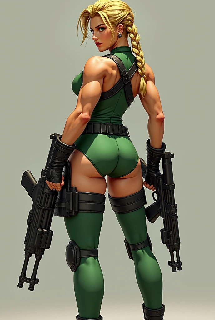 masterpiece,best quality,extreme detail,8k,<lora:cammyFN:0.8>,cammyfn,1girl,solo,long hair,breasts,blue eyes,blonde hair,gloves,hat,ass,braid,boots,fingerless gloves,twin braids,leotard,lips,makeup,thigh strap,beret,watermark,scar,antenna hair,nose,holster,harness,thigh holster,thong leotard,green leotard,thigh pouch,