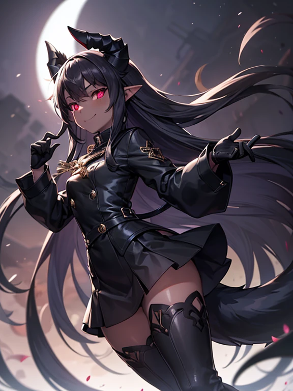 (full body),masterpiece, Highest quality, One Girl, alone, Manhattan Cafe, Expressionless, Show Viewer, Ahoge, Black jacket, shirt, tie, Black gloves, skirt, pantyhose, Single earring, Horse tail,Hair between the eyes, Thick thighs，Big Breasts，