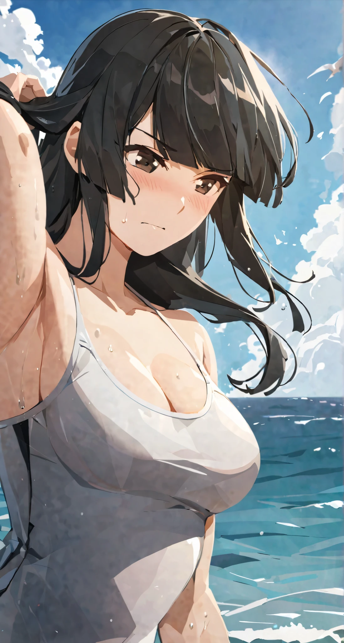 masterpiece,best quality, solo, eda, bangs, black hair, upper body,blue sky,cloud, shy expression, medium breast, hot, thicc, swimsuit , ocean, water, she is tying her hair, she is shy, embarrassed , she is embarrassed, dynamic pose, close shot, upper body, chubby, dynamic pose, trying hard, serious face, her chest is getting bigger 