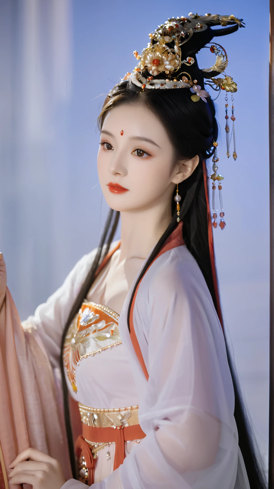 Close-up of a woman wearing a headdress and dress, Chinese Princess, 一个美丽的奇幻女皇, traditional beauty, Ancient Chinese Princess, ((一个美丽的奇幻女皇)), Chinese,  ancient Chinese beauty , Traditional Chinese, palace ，  girl in Hanfu, beautiful rendering of the Tang dynasty, Inspired by Du Qiong, Xianxia, Closeup of Nguyen's beautiful !