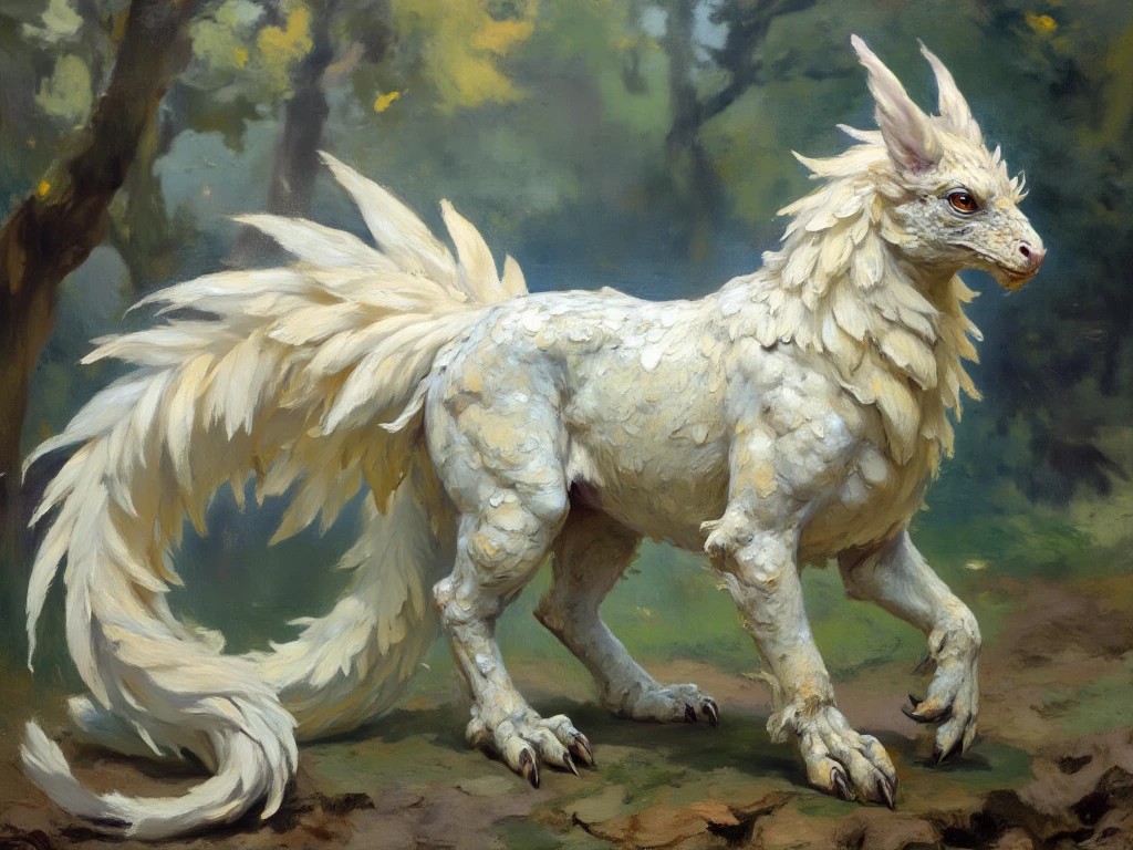 a fantastical creature covered in flat, white feathers instead of skin. This majestic being has a long, flowing tail reminiscent of a pheasant's plumage, adding elegance to its appearance. Its head resembles that of a dragon, featuring sharp, angular features and piercing eyes. The creature's legs are claw-like, giving it an imposing presence. The background should be a lush, ethereal landscape, enhancing the otherworldly nature of this unique being.
