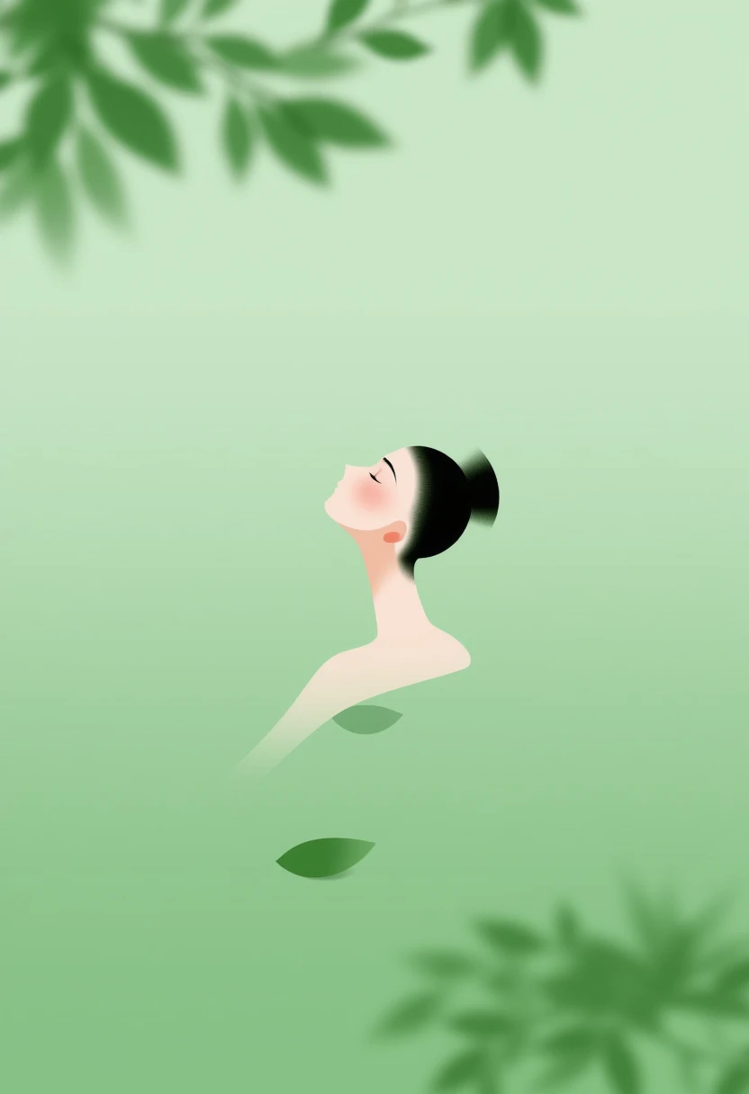 CEA, A minimalist artwork of a woman in a green-toned setting, tilting her head upward peacefully with closed eyes. Her hair is styled in a sleek bun, and soft light highlights her serene facial features. The background features blurred silhouettes of tree leaves, blending harmoniously into the tranquil green atmosphere. The overall composition emphasizes simplicity, calmness, and a deep connection to nature.