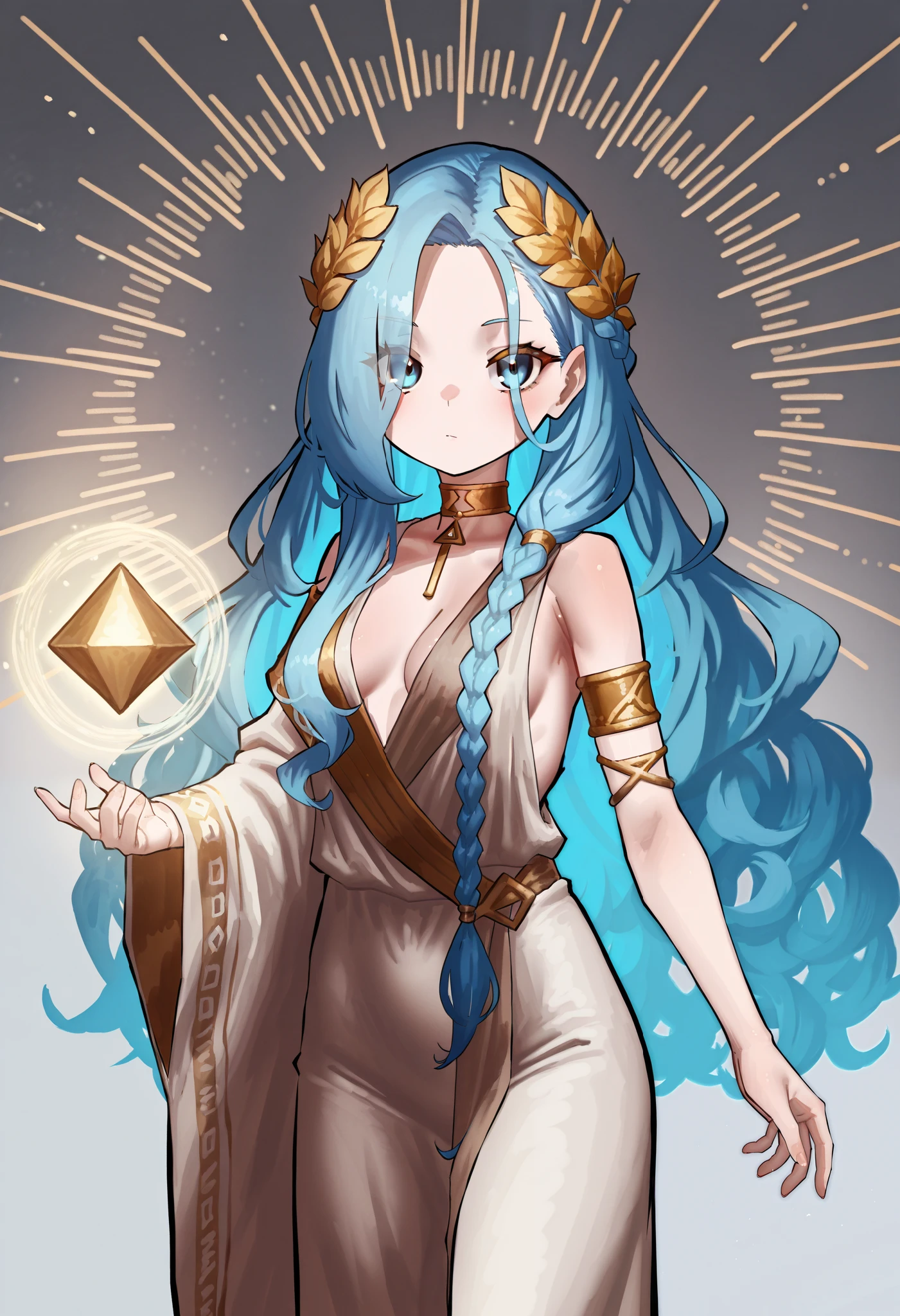 Ekrea Jan style, tsrnnn, magic, geometric shapes, 1girl, solo, blue hair, curly hair, braid, long hair, blue eyes, eyes visible through hair, laurel crown, armlet, ancient greek clothes, greco-roman clothes, jewelry, gold choker, skinny, small breasts, bare shoulders, wide sleeve, cleavage, toga, standing, looking at viewer, grey background, masterpiece, best quality, amazing quality, very aesthetic, high resolution, unaestheticXL_cbp62 