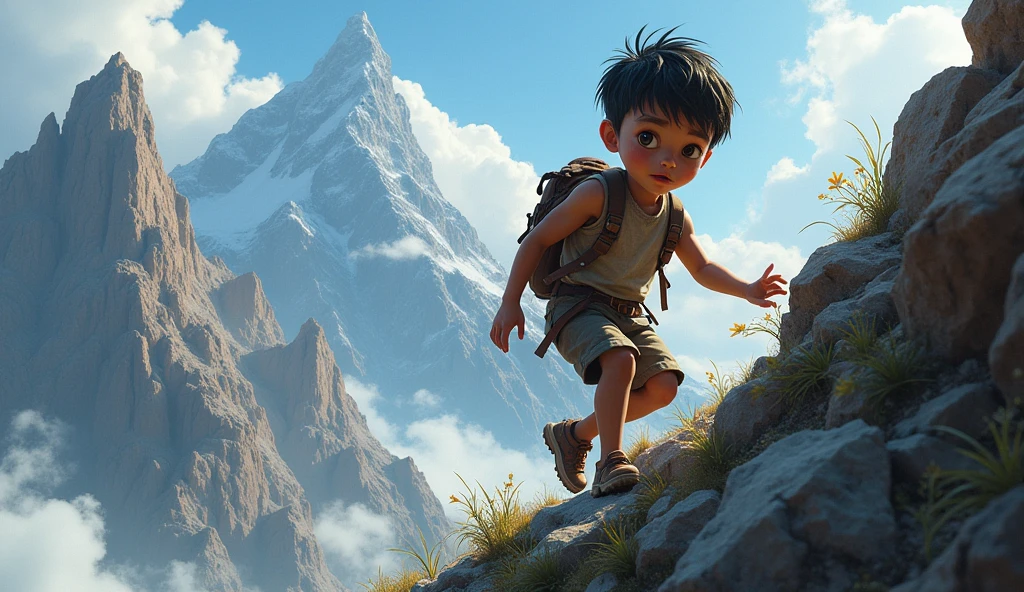 boy who is running on cliff and a travel bag which follows him automatically