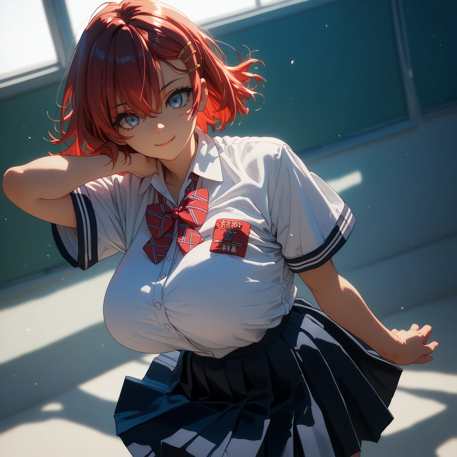 looking at viewer,smile,
solo,
AkaneNanao,1girl,red hair,short hair,hairclip,blue eyes,
large breasts,
school_uniform,white shirt,short_sleeves,bowtie,
pleated_skirt,black skirt,