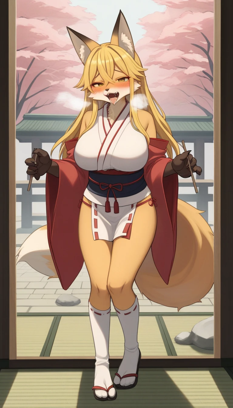 Amaduyu Tatsuki style,8k、  high image quality、masterpiece、 top quality 、  beautiful woman 、  furry 、Almost a fox、Shrine maiden、Big Breasts、   yellow hair 、  long hair、 detailed face   、 beauty、  A long fox nose、Perfect figure 、 Chest  、 mekoji、Fox ears、Fox&#39;s Tail、 Yellow and Black Hairs Grow All Over My Body、Full body covered in fur 、 赤と白のShrine maidenの服、Shrine maidenの髪飾り、 Red and White Knee High Socks 、loincloth、The background is tatami mats、Shrine wall in the background 、Kabedonpov 、
 Face Glove Pof 、
Head Patopoff 、 raises arms、 sexy、outcrop、Looking Straight at Subjectivity 、blush、tears、 moist eyes、Expression of estrus、 open her mouth 、 sticks out his tongue 、Heavy breathing、Canine teeth visible、Fox claws、 saliva on clothes、throw、 furry :1.5