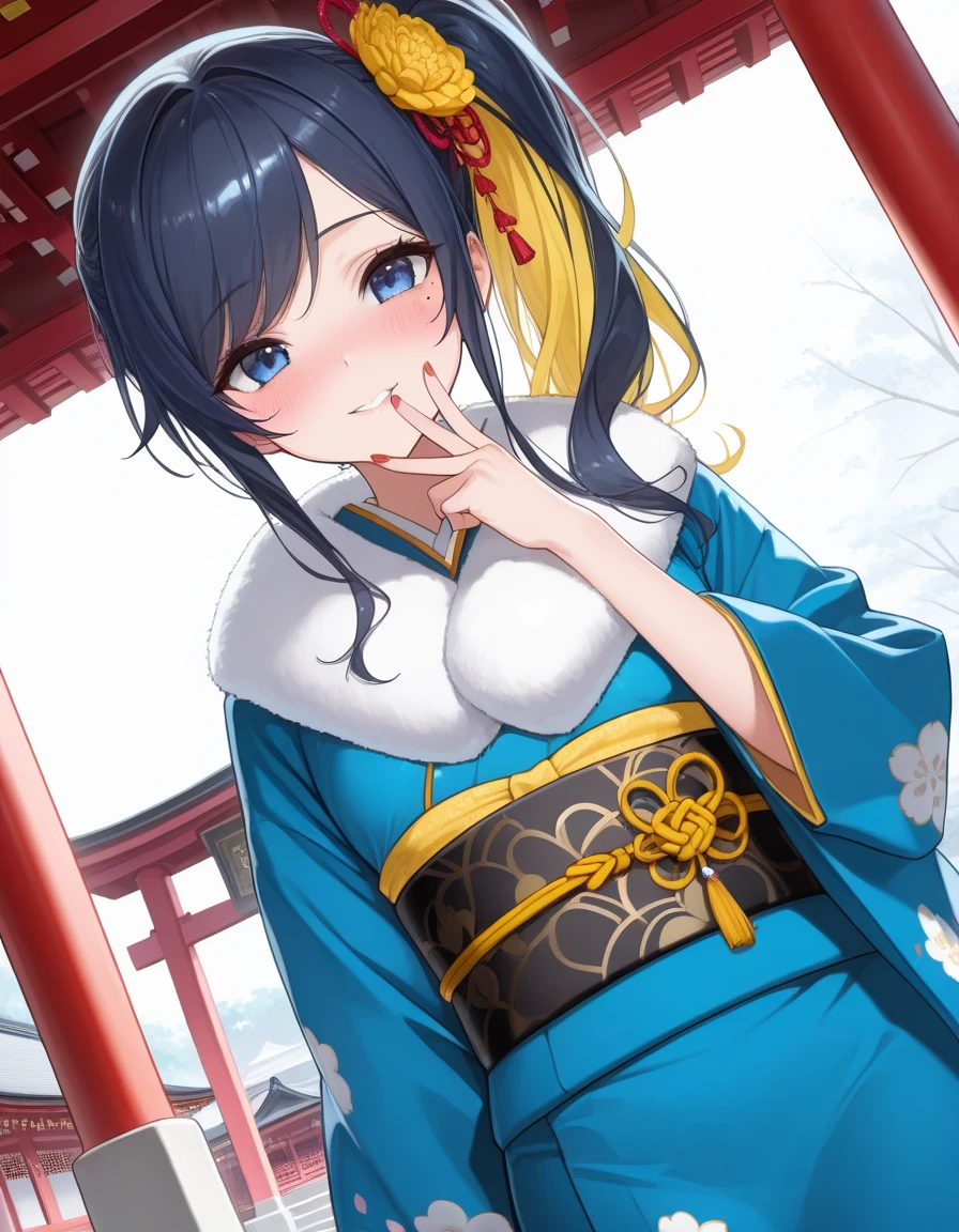 ((dark blue eye)),(masterpiece, best quality, ultra detailed,  highres icon,1girl),busty,model-like physique,Alone,white background, dark blue hair yellow inner hair,yellow inner hair,mole under left eye,big eyes,8k,light makeup,shiny skin,blushing like crazy,glossy lip,very beautiful red nails,,swept bangs,detailed eyes,fur-trimmed kimono,Dutch angle,((New Year shrine visit,traditional Japanese temple)blush, Japanese Style Hair Ornaments ,long hair,side ponytail,laughing,peace sign,looking at viewer