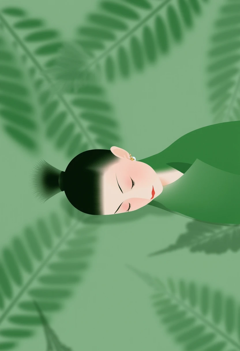 CEA, A minimalist artwork of a woman in a green-toned setting, tilting her head upward peacefully with closed eyes. Her hair is styled in a sleek bun, and soft light highlights her serene facial features. The background features blurred silhouettes of tree leaves, blending harmoniously into the tranquil green atmosphere. The overall composition emphasizes simplicity, calmness, and a deep connection to nature.