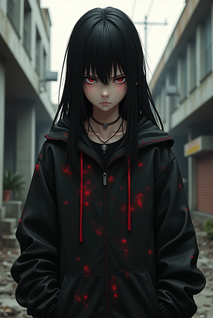 best quality, intricate details, chromatic aberration, 1girl, long hair, black hair, messy hair, red highlights, hair over one eye, red eyes, sharp eyes, choker, neon shirt, torn legwear, open jacket, against wall, brick wall, graffiti, dim lighting, alley