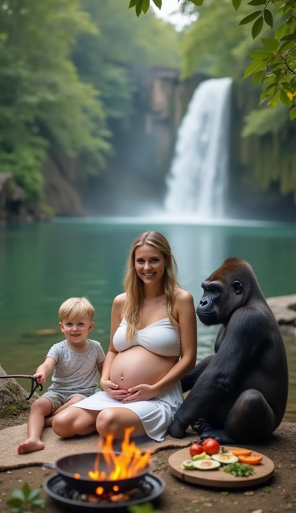Pregnant cute topless leopard thong 19yo blondy woman hugging ((big monster gorilla)) erected King Kong , sits on arms of gorilla , smiling, in a forest, shallow depth of field, highly detailed, bokeh,epic, gorgeous, (big different in height), from below, closeup portrait, unusual but beautiful, realistic dramatic photo, nsfw, pussy, cameltoe kissing her