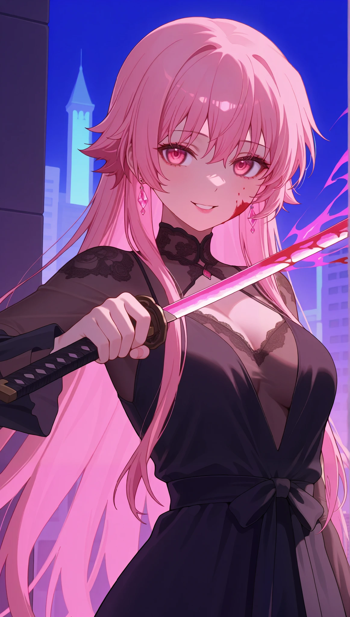 (masterpiece), (portrait), medium breasts (aesthetics), ((1 female 21 years old)), Highlight earrings), ((long hair)), ((Hot crystal pink hair)), ((Yuno Gasai)) straight hair, thin eyes open, cold look, pink eyes, cute, naughty, insane look, crazy smile, lane, woman, feminine, beautiful, female features, top, high quality, aesthetic clothing, professional angle, (rule of thirds), (feminine), , (beautiful) , (female), solo, (Korean attractive), summer, (ink haze), (afternoon), (vibrant light), seductive posture, ((face looking forward))), Yuno Gasai, long black dress, black dress with thin straps, sensual ((Energy, holds katana)), (Bold Makeup), (medium Breasts), Fair Skin, (Clothes with Hip Hop Details), (a hot Yuno Gasai, sculptural body, sexy pose), (Sleep Neckline), Beautiful Hands, Body beautiful, beautiful ears, beautiful eyes, bright eyes, beautiful mouth, beautiful lips, building, blood spatter on the face