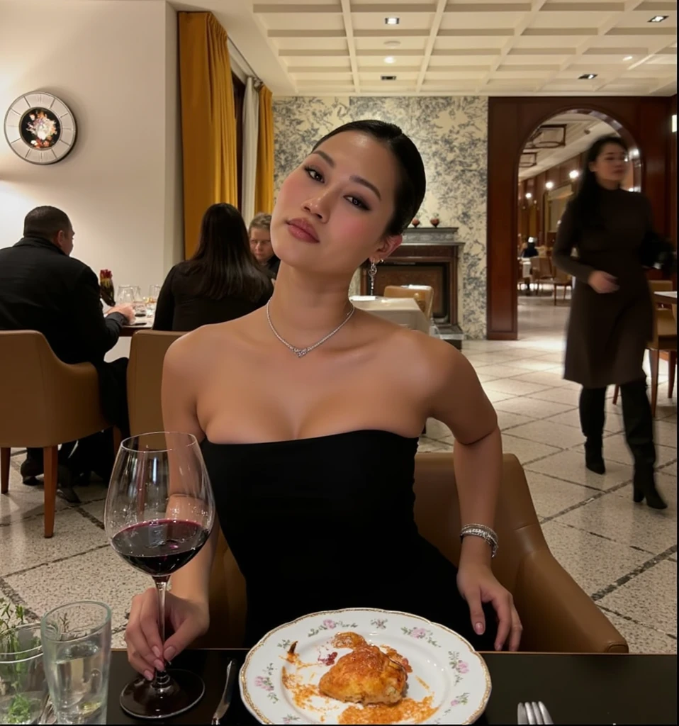 The image depicts a woman in a sophisticated setting, likely a high-end restaurant or dining area. Here are the detailed observations:

1. **Woman**:
   - She is elegantly dressed in a black, strapless gown. Push up bra, generous cleavage. large breasts
  