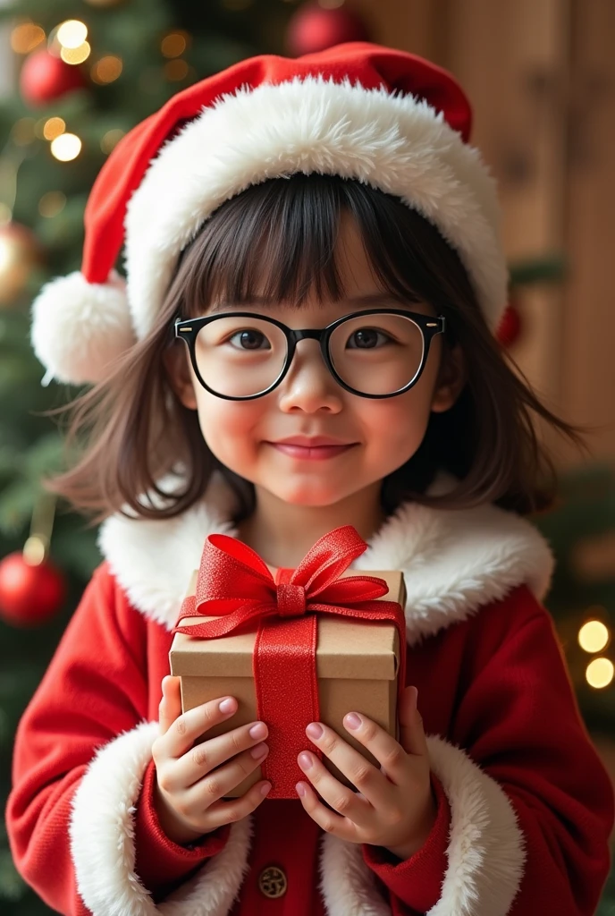Christmas, Japanese, 6 year old girl, great joy wearing a sweater, wearing a santa hat, Holding a gift box, whole body