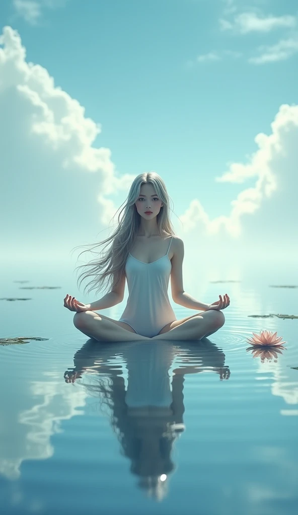 Seated Woman in Lotus Position, He's meditating, de frente, en medio de la imagen, It's floating a grouper off the ground, They're radiating lights out of it like it's vibrating high, las luces hacen un toroide a su alrededor, mistic ambient