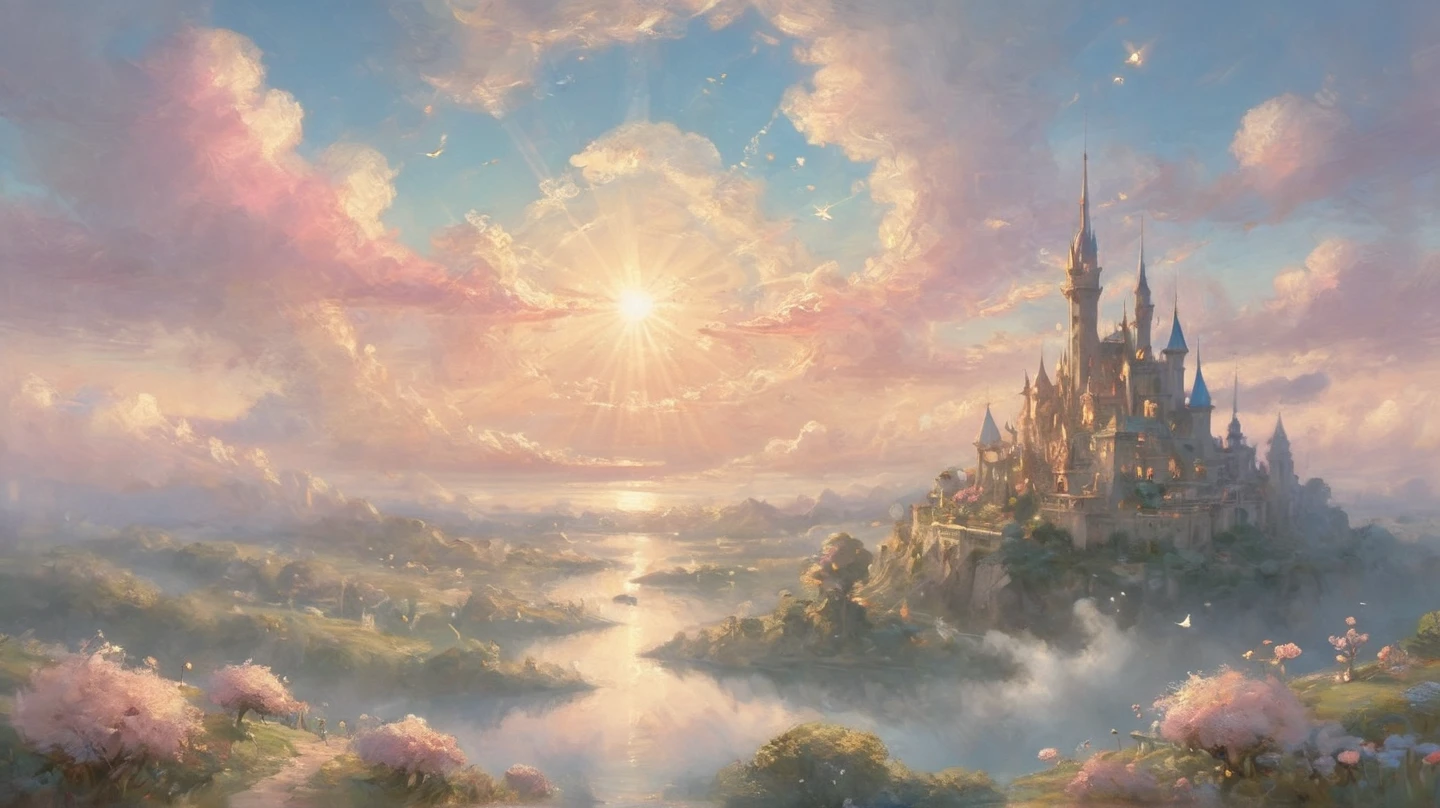 (a discodifland with swirling yellow clouds and flowers), (sky calendular fantasy castle), (yellow calendula), (ridiculous), dreamy, disney, painted by Thomas Kincaid, artstation, sharp focus, inspiring 8k wallpaper,