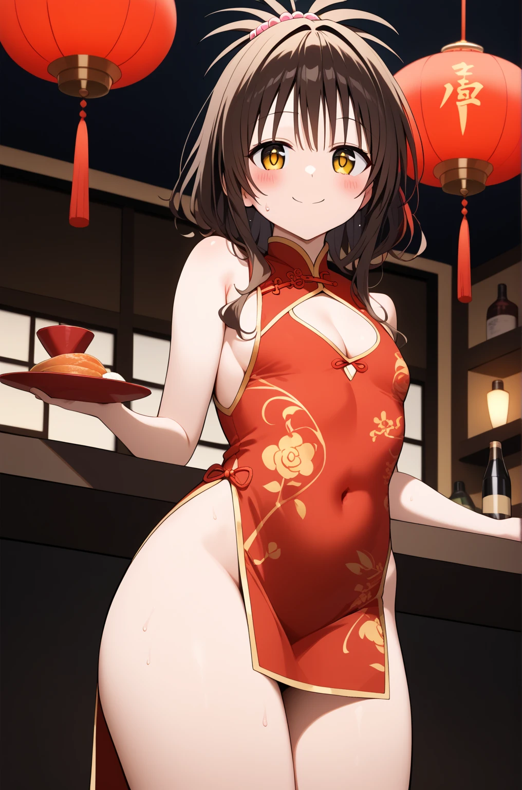 masterpiece,best quality,{{detailed beautiful face and eyes}}, 
Yuki Mikan,{{{megami magazine}}},middle hair,brown hair,hair ornament,hair bobbles,sidelocks,bangs,yellow eyes,flat chest,
((bare shoulders,light red china dress,light red chinese clothes,light red short dress,cleavage cutout,sideboob,thighs)),
1girl,panty shot,(is smile,big blush,looking at viewer:1.0),sweat,
((cowboy shot,from below:1.2)),
(China restaurant background:1.0),clothed