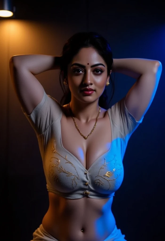 "An Indian woman wearing a traditional Desi-style blouse with intricate embroidery, standing in a dimly lit room with her hands gracefully raised above her head in and leaning forward making a downblouse elegant pose. Two contrasting colored lights, one warm amber and the other cool blue, cascade across her body, creating a dramatic interplay of shadows and highlights. The blouse accentuates traditional Indian craftsmanship, while her confident posture exudes grace and beauty. The background is minimal, emphasizing the ethereal glow of the lights on her skin and attire, evoking a moody and artistic ambiance